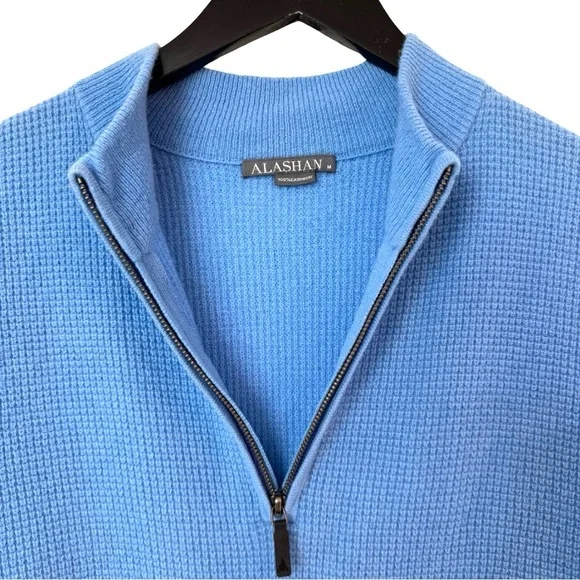 Alashan‎ Cashmere Waffle-Knit Quarter-Zip Sweater Blue Medium Pullover Luxury